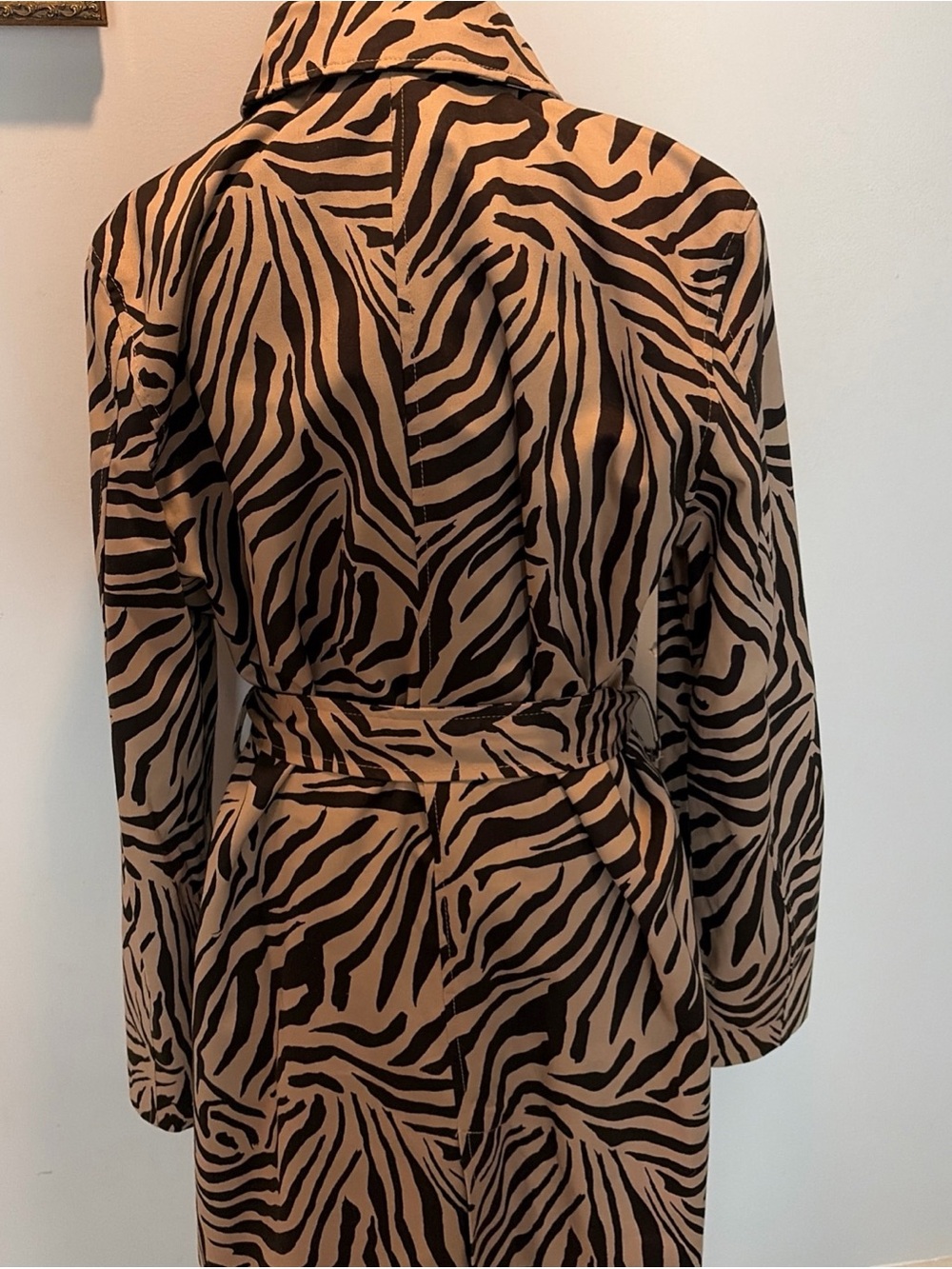 Brown Zebra Belted Trench Jacket XL Coat Cotton Mob Wife Classic animal print - Picture 6 of 13